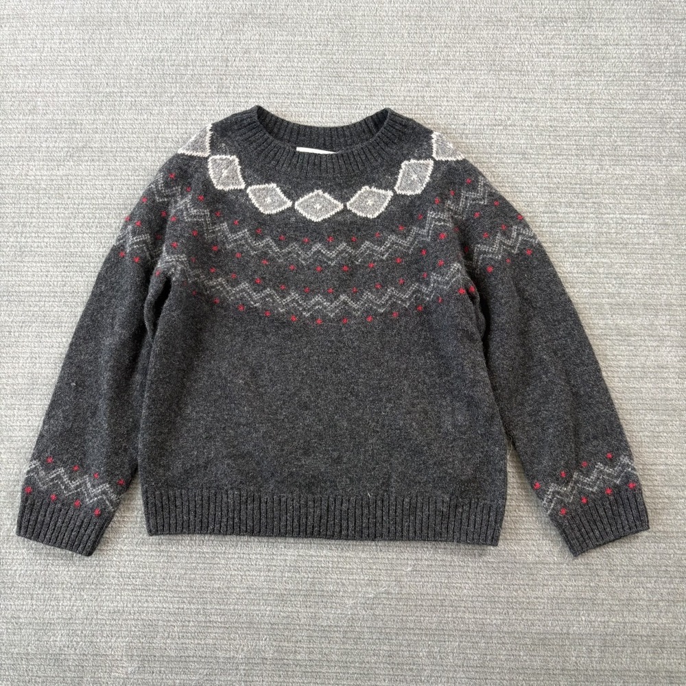 Bonpoint Grimaldi Jacquard Wool Sweater Girls 6A Gray Knit Fair Isle Holiday New